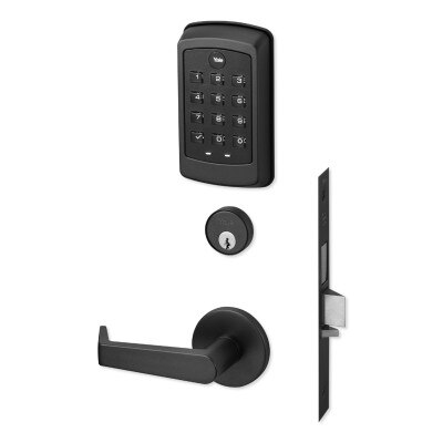 Yale nexTouch Mortise Lock Z-Wave Plus v2 Pushbutton Cylinder Override with Thumbturn, Augusta Lever, Black Suede